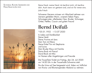 Traueranzeige von Bernd Deifuß von Südthüringer Presse