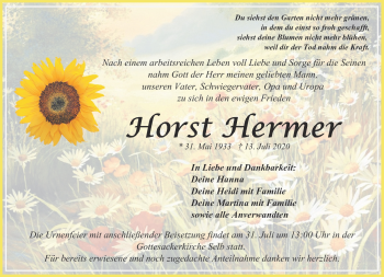 Traueranzeige von Horst Hermer von Frankenpost