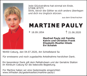 Traueranzeige von Martine Pauly von Neue Presse Coburg