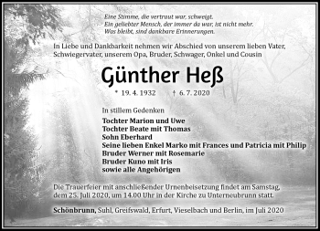 Traueranzeige von Günther Heß von Südthüringer Presse