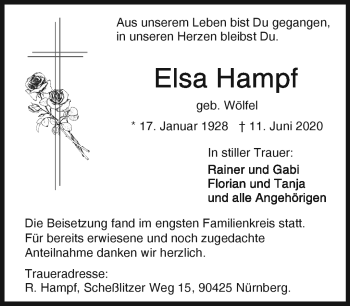 Traueranzeige von Elsa Hampf von Frankenpost