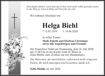 Traueranzeige von Helga Biehl von Südthüringer Presse
