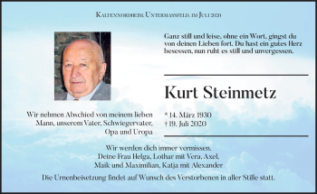 Traueranzeige von Kurt Steinmetz von Südthüringer Presse