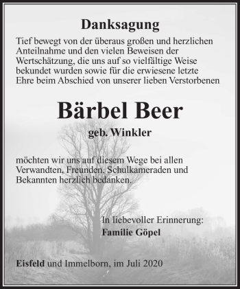 Traueranzeige von Bärbel Beer von Südthüringer Presse