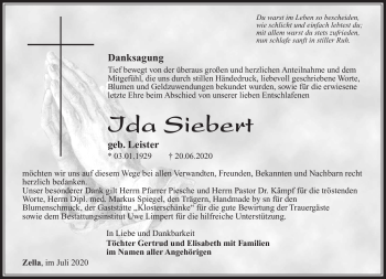Traueranzeige von Ida Siebert von Südthüringer Presse