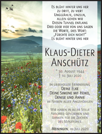 Traueranzeige von Klaus-Dieter Anschütz von Südthüringer Presse