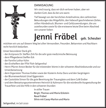 Traueranzeige von Jenni Fräbel von Südthüringer Presse