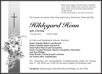 Traueranzeige von Hildegard Henn von Südthüringer Presse