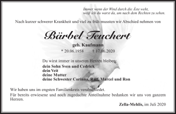 Traueranzeige von Bärbel Teuchert von Südthüringer Presse