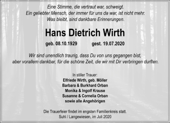 Traueranzeige von Hans Dietrich Wirth von Südthüringer Presse