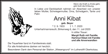 Traueranzeige von Anni Kibat von Frankenpost