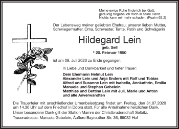 Traueranzeige von Hildegard Lein von Frankenpost