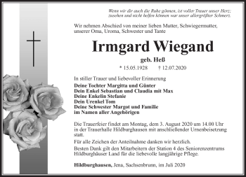 Traueranzeige von Irmgard Wiegand von Südthüringer Presse