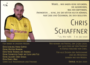 Traueranzeige von Chris Schaffner von Südthüringer Presse