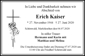 Traueranzeige von Erich Kaiser von Frankenpost