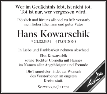 Traueranzeige von Hans Kowarschik von Südthüringer Presse
