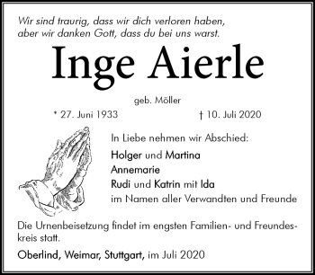 Traueranzeige von Inge Aierle von Südthüringer Presse