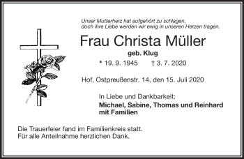 Traueranzeige von Christa Müller von Frankenpost