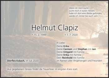 Traueranzeige von Helmut Clapiz von Neue Presse Coburg