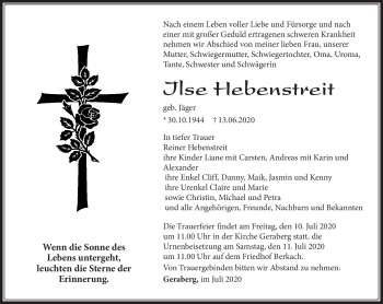 Traueranzeige von Ilse Hebenstreit von Südthüringer Presse