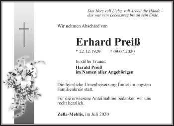 Traueranzeige von Erhard Preiß von Südthüringer Presse