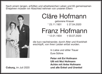 Traueranzeige von CläreFranz HofmannHofmann von Neue Presse Coburg