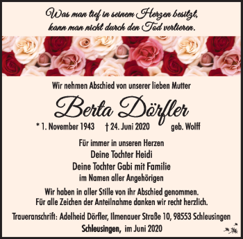 Traueranzeige von Berta Dörfler von Südthüringer Presse