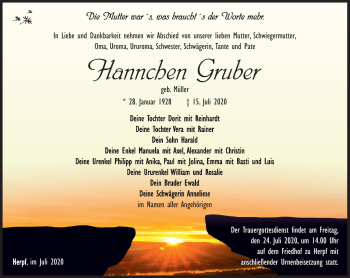 Traueranzeige von Hannchen Gruber von Südthüringer Presse