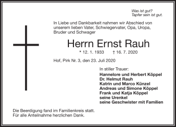 Traueranzeige von Ernst Rauh von Frankenpost