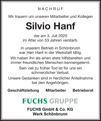Traueranzeige von Silvio Hanf von Südthüringer Presse