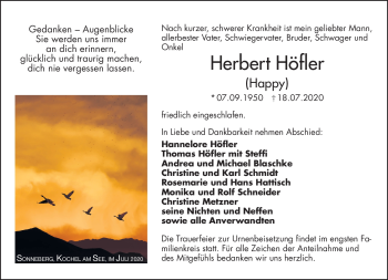 Traueranzeige von Herbert Höfler von Südthüringer Presse