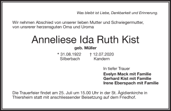 Traueranzeige von Anneliese Ida Ruth Kist von Frankenpost
