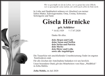 Traueranzeige von Gisela Hörnicke von Südthüringer Presse