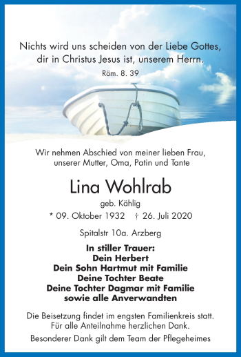Traueranzeige von Lina Wohlrab von Frankenpost