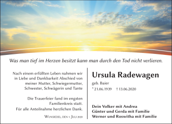 Traueranzeige von Ursula Radewagen von Frankenpost
