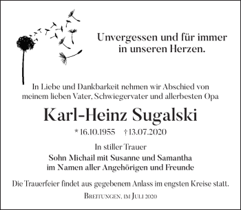 Traueranzeige von Karl-Heinz Sugalski von Südthüringer Presse