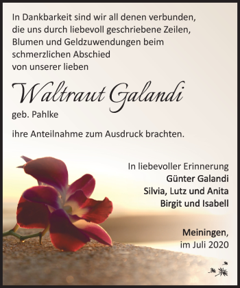 Traueranzeige von Waltraut Galandi von Südthüringer Presse