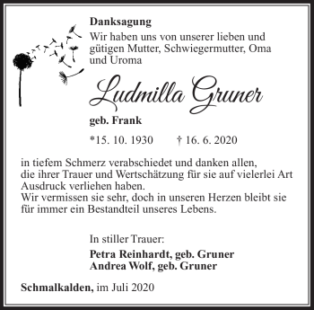 Traueranzeige von Ludmilla Gruner von Südthüringer Presse