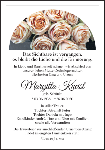 Traueranzeige von Margitta Kneist von Südthüringer Presse