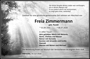Traueranzeige von Freia Zimmermann von Südthüringer Presse