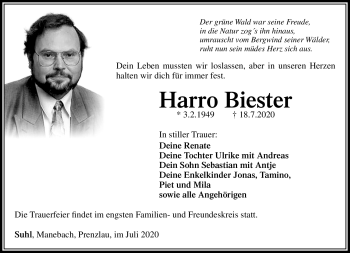 Traueranzeige von Harro Biester von Südthüringer Presse