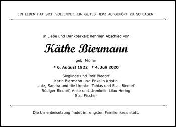 Traueranzeige von Käthe Biermann von Südthüringer Presse