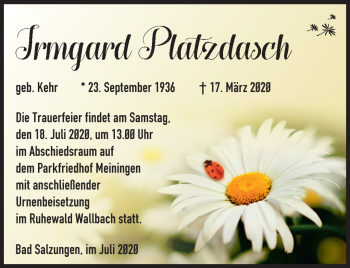 Traueranzeige von Irmgard Platzdasch von Südthüringer Presse