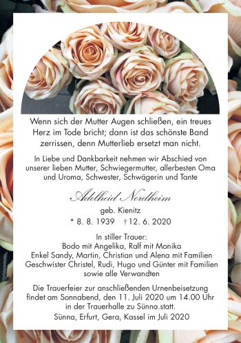 Traueranzeige von Adelheid Nordheim von Südthüringer Presse