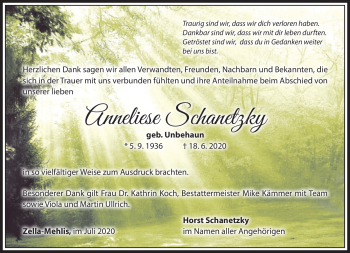 Traueranzeige von Anneliese Schanetzky von Südthüringer Presse