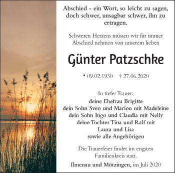 Traueranzeige von Günter Patzschke von Südthüringer Presse