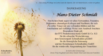 Traueranzeige von Hans-Dieter Schmidt von Südthüringer Presse