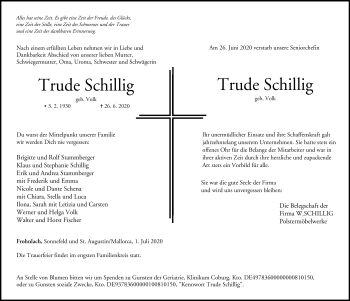 Traueranzeige von Trude Schillig von Neue Presse Coburg