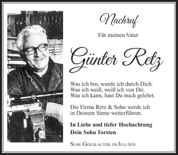 Traueranzeige von Günter Retz von Südthüringer Presse