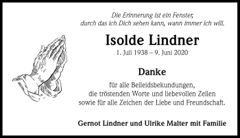Traueranzeige von Isolde Lindner von Neue Presse Coburg
